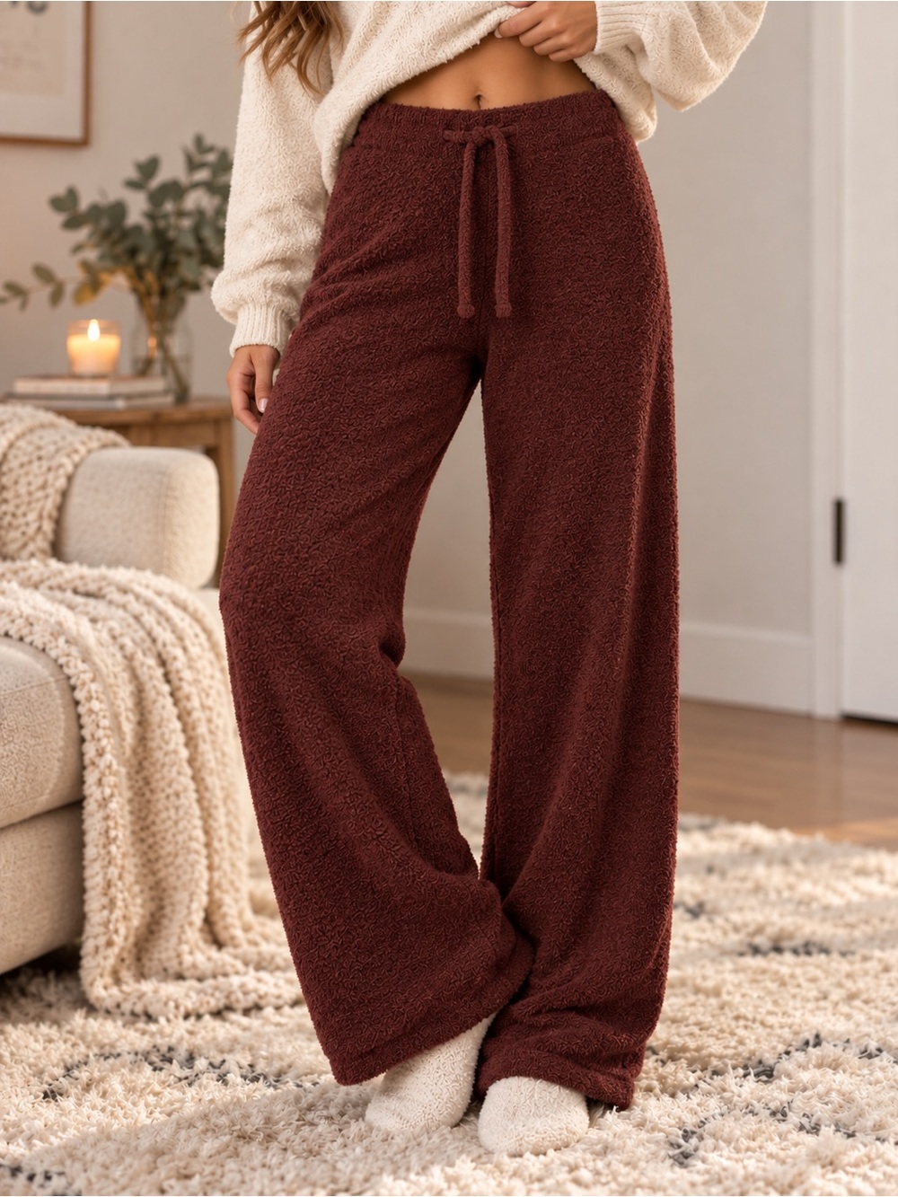 Altar'd State Plush Wide-Leg Lounge Pants in Brown/Rust